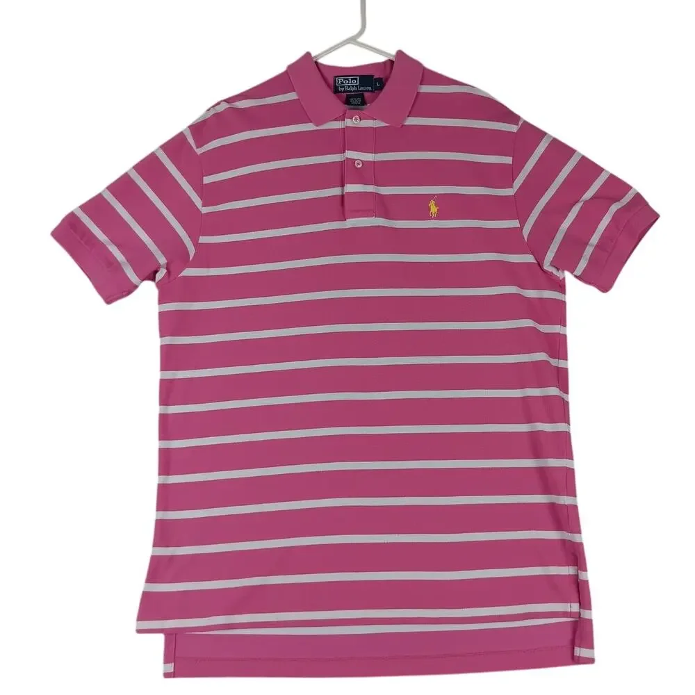 Polo Ralph Lauren Vintage‎ Knit Polo Men's Large Pink/White Striped Pony Preppy